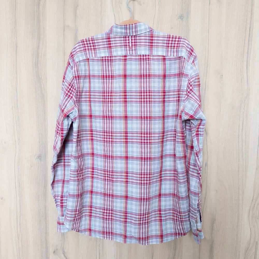 Banana Republic Mens Linen Plaid Button Down Shirt Large Red Long Sleeve Preppy